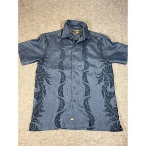 Vintage Y2K Quiksilver Button Up Shirt Mens Small Blue Short Sleeve Aztec AOP